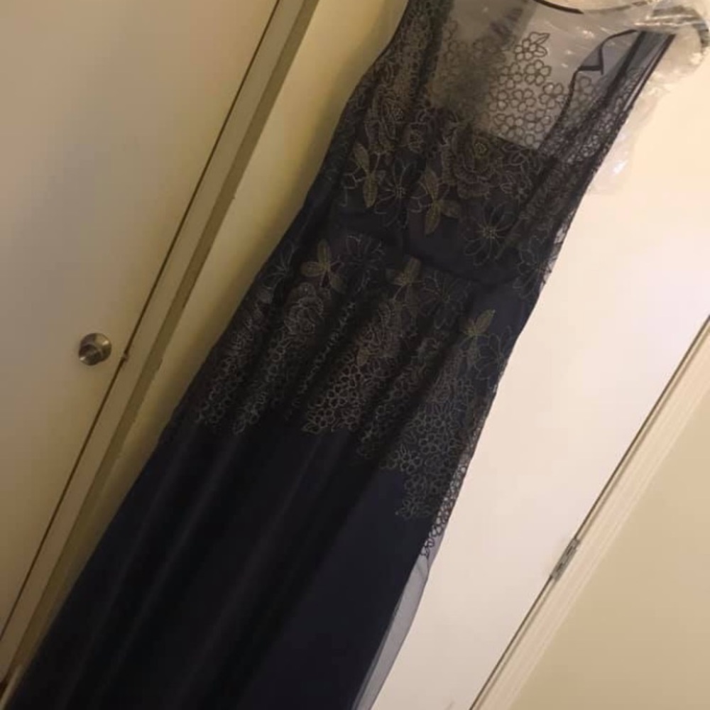 Floor length navy and gold Tahari (16) dress.